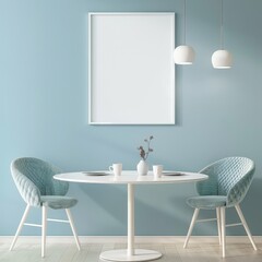 Minimalist dining room interior with a round table. two chairs. and a blank frame