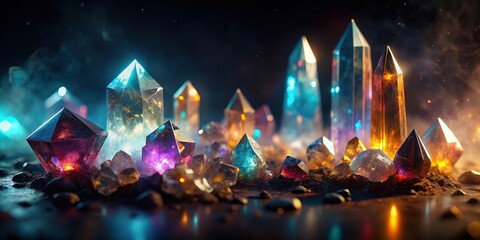 Obraz premium A Mystical Collection of Iridescent Crystals Glowing with Inner Light in a Dark Cave Setting