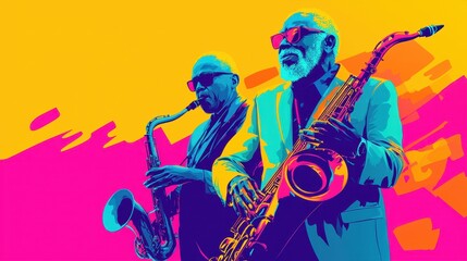 Colorful Jazz Musicians Playing Saxophones with Vibrant Backdrop