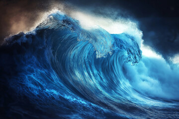 A massive tidal wave frozen in time, mid-crash, with glowing blue hues.