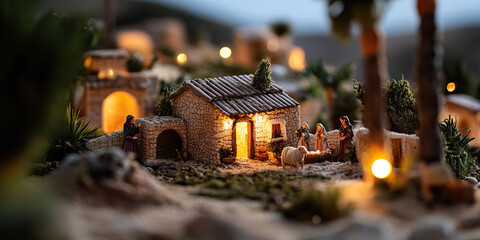 Fototapeta premium Illuminated Miniature Nativity Scene with Figurines