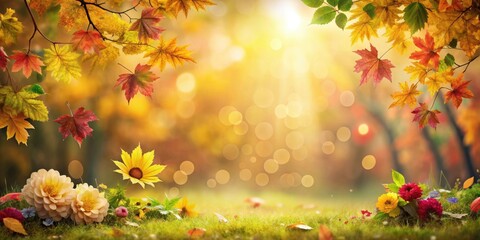 Fototapeta premium Autumnal Scene with Vibrant Leaves and Blossoms on Lush Green Grass Under a Warm Sunny Sky