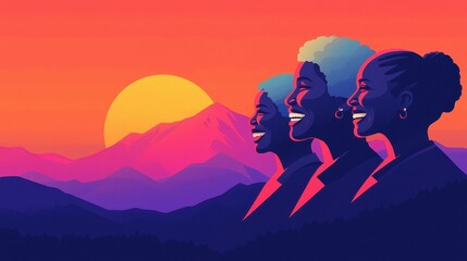 Fototapeta premium Inspiring Women Silhouettes Against Sunset with Mountain Background