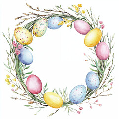 Brightly colored Easter eggs arranged in a floral wreath design for spring celebrations