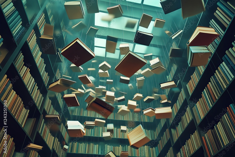 Poster a library where books are floating mid-air, their pages turning by themselves.