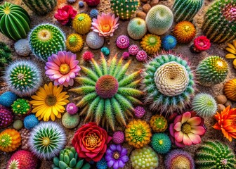 Aerial View of Diverse Cacti Blooming in Desert Sand - Top-Down Floral Background