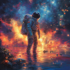 Fototapeta premium Astronaut Standing in a Vibrant Cosmic Scene: Surreal and Stunning