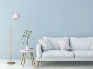 Minimalist living room interior with white sofa. wooden floor. and light blue wall