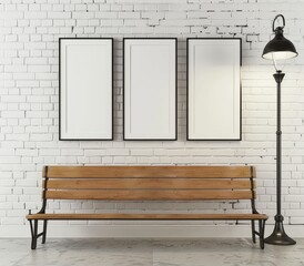 Three empty frames above a wooden bench and a floor lamp against a white brick wall