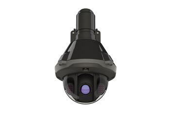 Black surveillance camera with night vision. Articulating connection for easy positioning. IP65 weather protection. Isolated on a white background. 3d illustration.