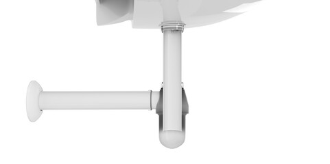 Sectional view of plumbing construction details featuring plastic pipes and a siphon, isolated on a white background. 3d illustration.