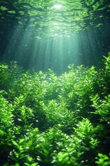Obraz premium Underwater Sunlight Illuminates Lush Green Aquatic Plants