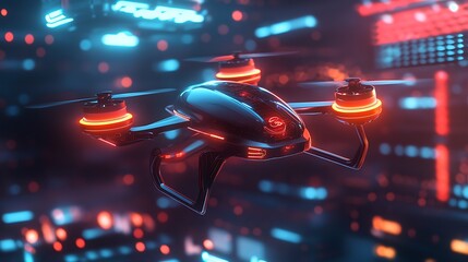Futuristic Drone Soaring Through Neon Cityscape