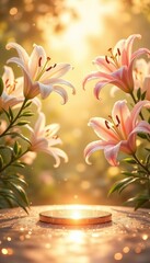 Luxurious background in lily garden at sunset, empty podium display for product presentation on marketplace, organic, spa, health, cosmetic, beauty 