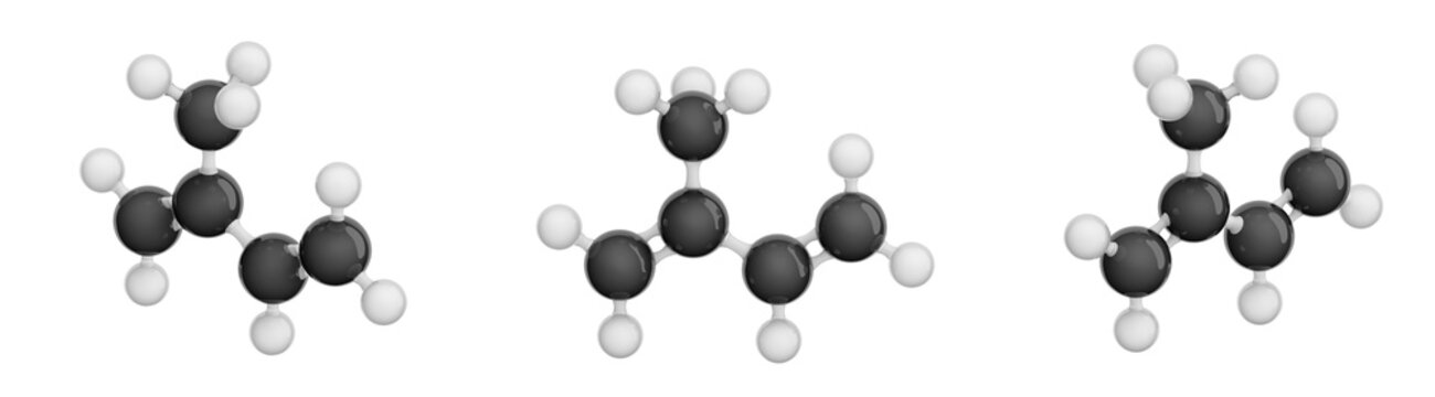 Molecule of Isoprene. Set of views. Molecular formula: C5H8. Chemical model: Ball and stick. Isolated. White background. 3D illustration