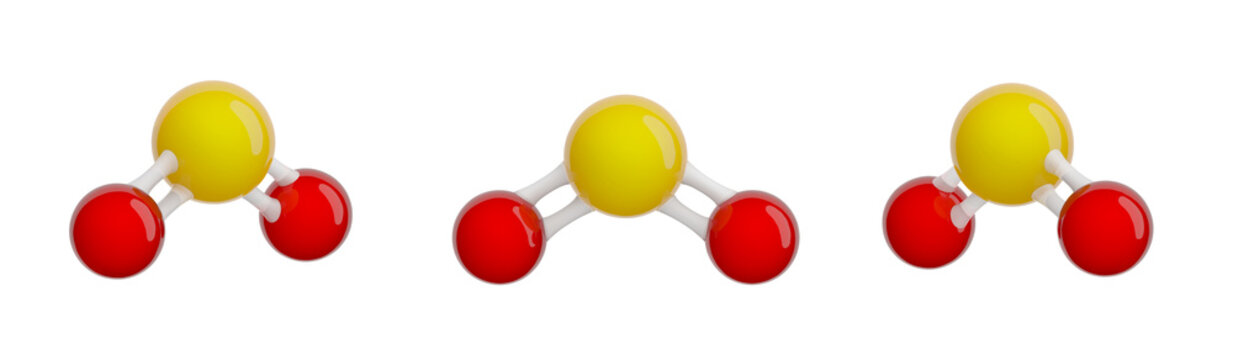 Molecule of Sulfur dioxide. Set of views. Molecular formula: SO2. Chemical model: Ball and stick. Isolated. White background. 3D illustration