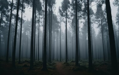 Fototapeta premium A panoramic view of a misty forest with tall pine trees and light shining through