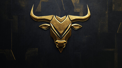Golden bull head with geometric design on textured dark background. Symbol of financial markets, stock trading, and cryptocurrency. Modern investment and branding concept for print and digital use
