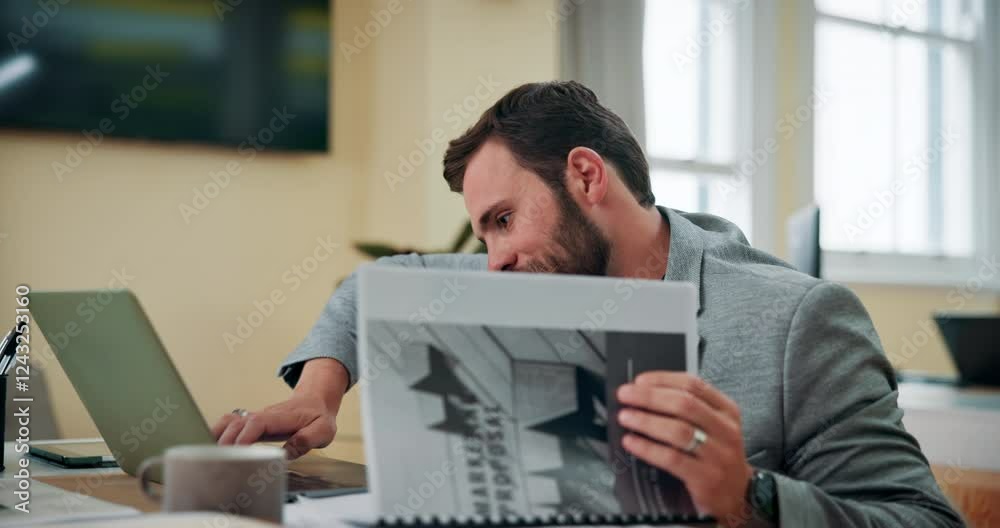 Poster phone call, documents and business man multitask, talking and typing on laptop. mobile, computer and