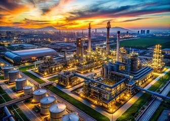 Fototapeta premium Aerial View of Massive Industrial Oil Refinery Complex at Sunset