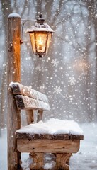 Snow-covered bench and lamp post in a winter wonderland.  A peaceful scene of falling snow.