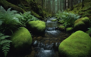 A small river with crystal clear water, surrounded by rocks and greenery