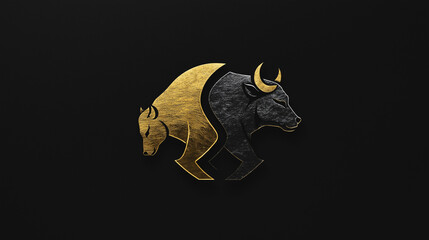 Gold and black bull and bear silhouettes on textured dark background. Symbolic design representing financial markets, stock trading, cryptocurrency trends. Modern investment and economic concept