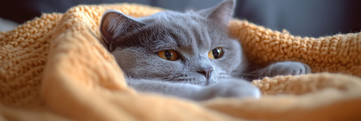 Obraz premium Grey British Shorthair Cat in Knitted Blanket