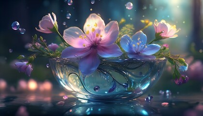 ガラスの器に浮かぶ春の草花と水滴の幻想的な光景