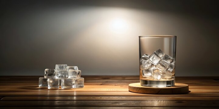 Illuminated Ice Cubes in Glass and on Wooden Surface, a Refreshing Still Life