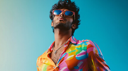 A handsome Indian male model stands confidently in a colorful retro disco outfit.