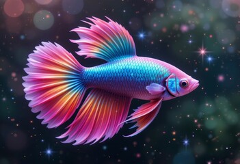 Fototapeta premium An illustration of a colorful beta fish with a transparent tail and fins, surrounded by sparkles