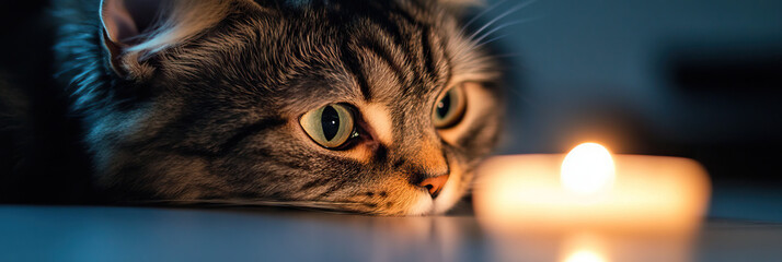 Grey Tabby Cat and Lit Candle