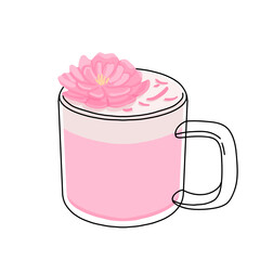 Collection of drinks for Valentine's Day. Mug with coffee, cocoa, hot chocolate, cream, strawberry milk with hearts, cherry cocktail, latte, love potion. Hot and cold beverages for Valentine's Day.