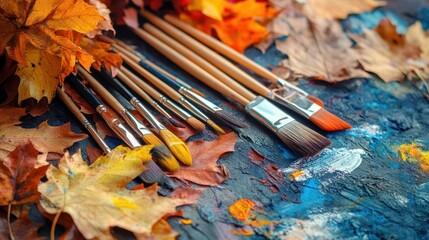 Obraz premium Autumnal Palette: Paintbrushes and Leaves