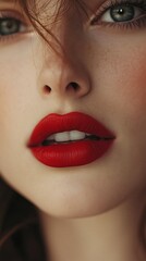 Close-up of a woman's face with glossy red lipstick and natural freckles, ideal for beauty and skincare advertising.