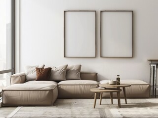 Minimalist living room with beige sofa. two empty frames. and wooden coffee tables