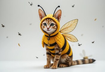 A serval (African wild cat) wearing a bee costume on a white background