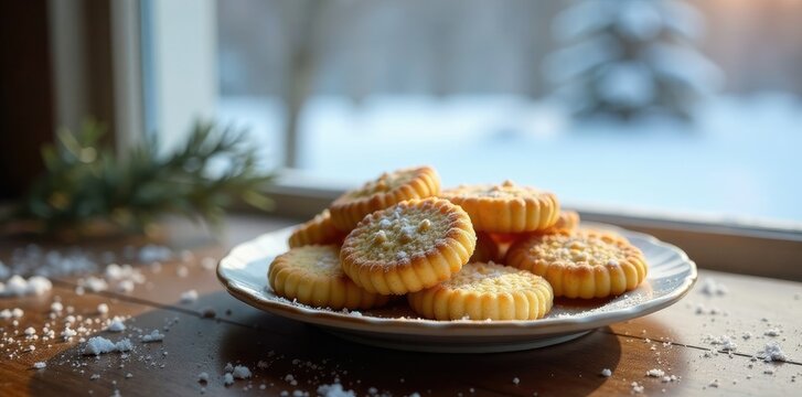 A plate of cooled Levkoy cookies on a wooden table with a winter landscape through the window behind, winter, table, frosty