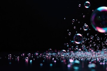 Black background with scattered soap bubble fragments, scattered, black, soap bubbles