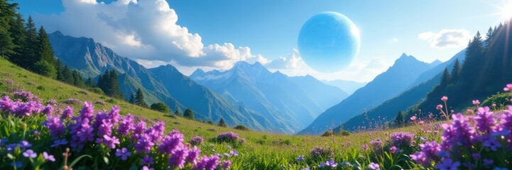 Blue planet hanging low in the sky over a mountain range covered in lush greenery and purple wildflowers, purple, scenery