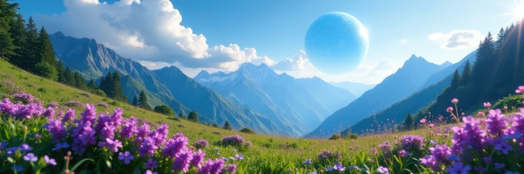 Blue planet hanging low in the sky over a mountain range covered in lush greenery and purple wildflowers, purple, scenery