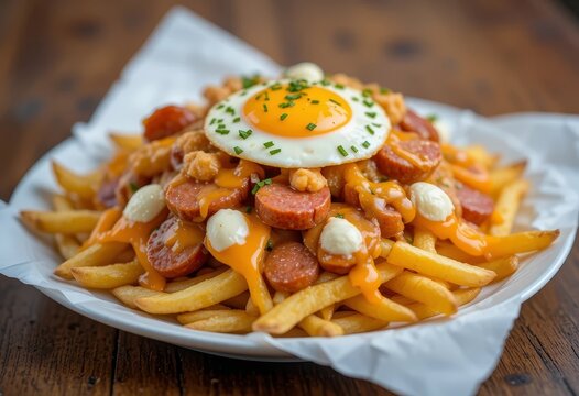 A close-up of a plate of salchipapas, a popular street food dish, with French fries, sausage, cheese, and a fried egg on top.