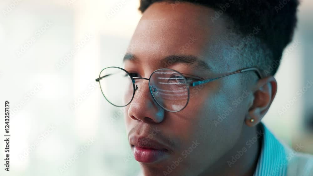 Poster Glasses, man or it support developer on computer for coding research or cybersecurity update. Reflection, system or programmer on technology for web development, programming and building software