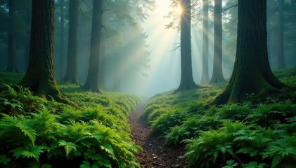 early morning fog rolling over the forest, revealing hidden ferns and moss, ferns, trees, moss