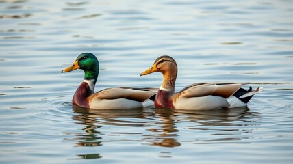 Obraz premium Male and female ducks swimming together on calm water in the early morning light