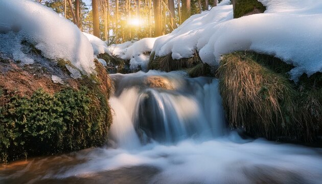 雪解け水が作る小さな滝の流れ