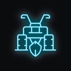 Blue neon icon of a tractor plowing soil on a black background, perfect for agriculture or farming concepts