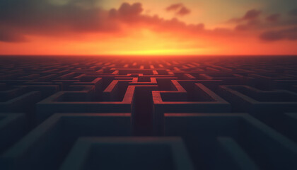 Obraz premium mesmerizing maze structure under warm sunset, creating sense of wonder and exploration. intricate pathways lead towards glowing horizon, evoking feelings of curiosity and adventure