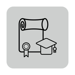 Minimalistic line icon of rolled diploma and graduation cap. Educational achievement, success, and professional milestones related to learning concept